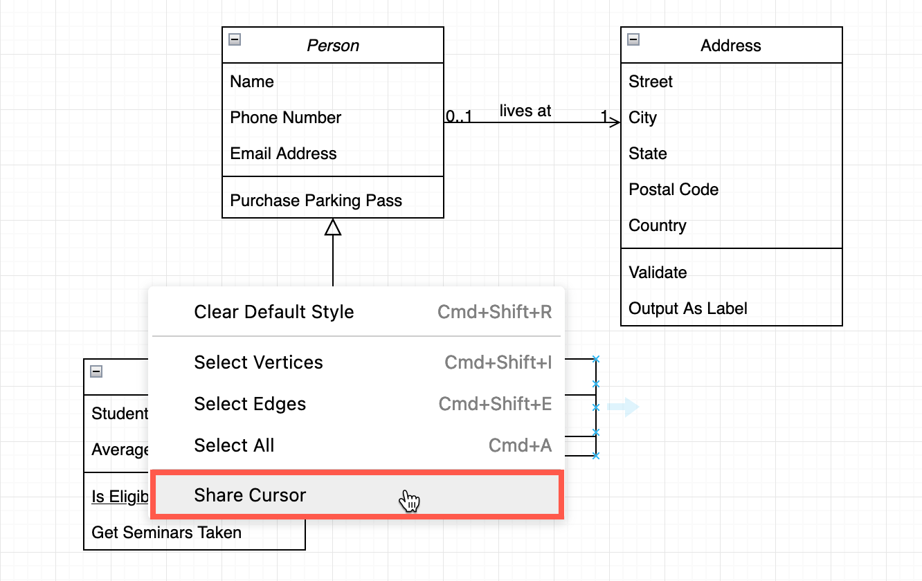 Share your mouse cursor with others who are editing the same diagram file stored in OneDrive or Google Drive