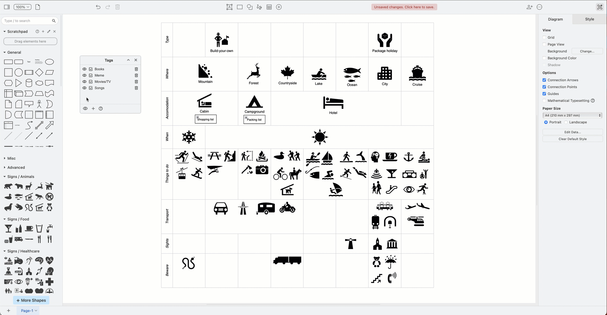 Use tags in draw.io to hide or display the tagged shapes