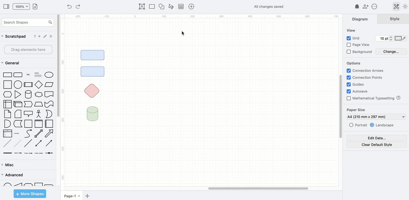 Work with cross-functional tables via the toolbar or the Arrange tab in the format panel in simple mode in draw.io