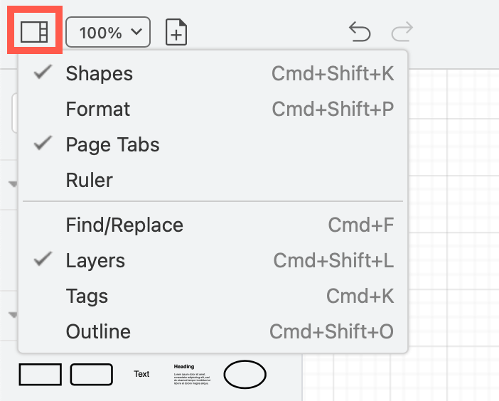 Hide or display panels and floating dialogs via the View tool on the toolbar in simple mode in draw.io