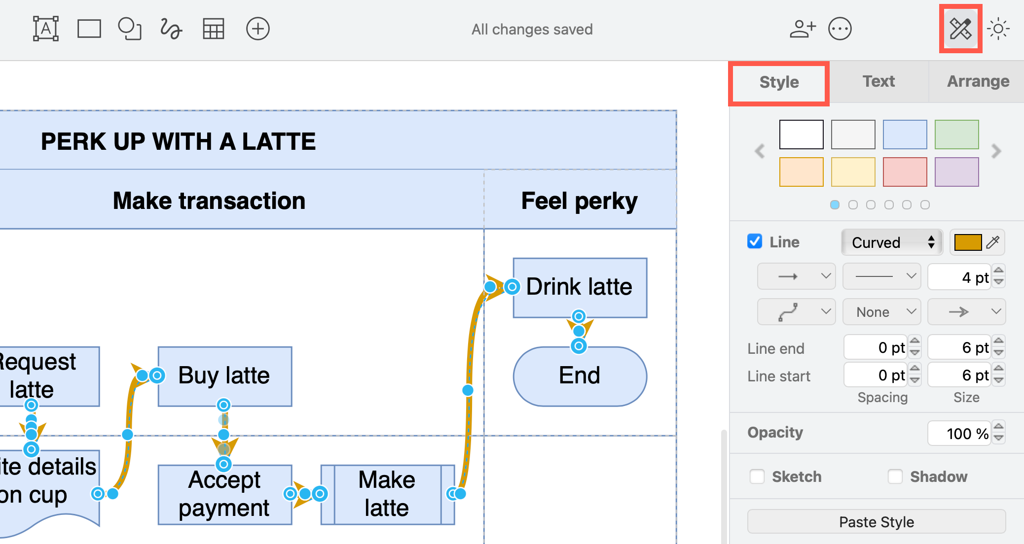 Select all shapes or all connectors quickly to style them all at once via the right-click context menu in draw.io