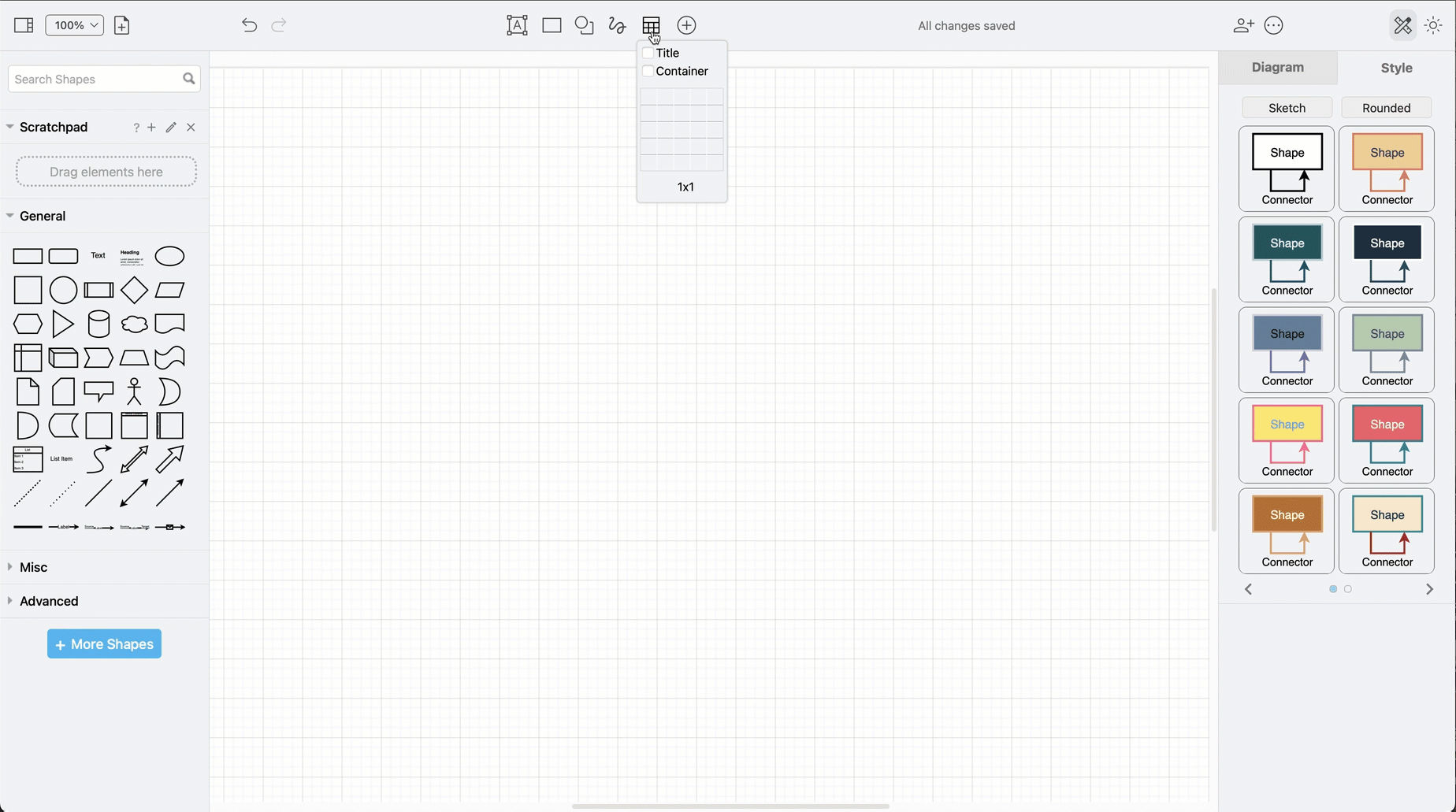 Insert a table with container cells via the draw.io toolbar