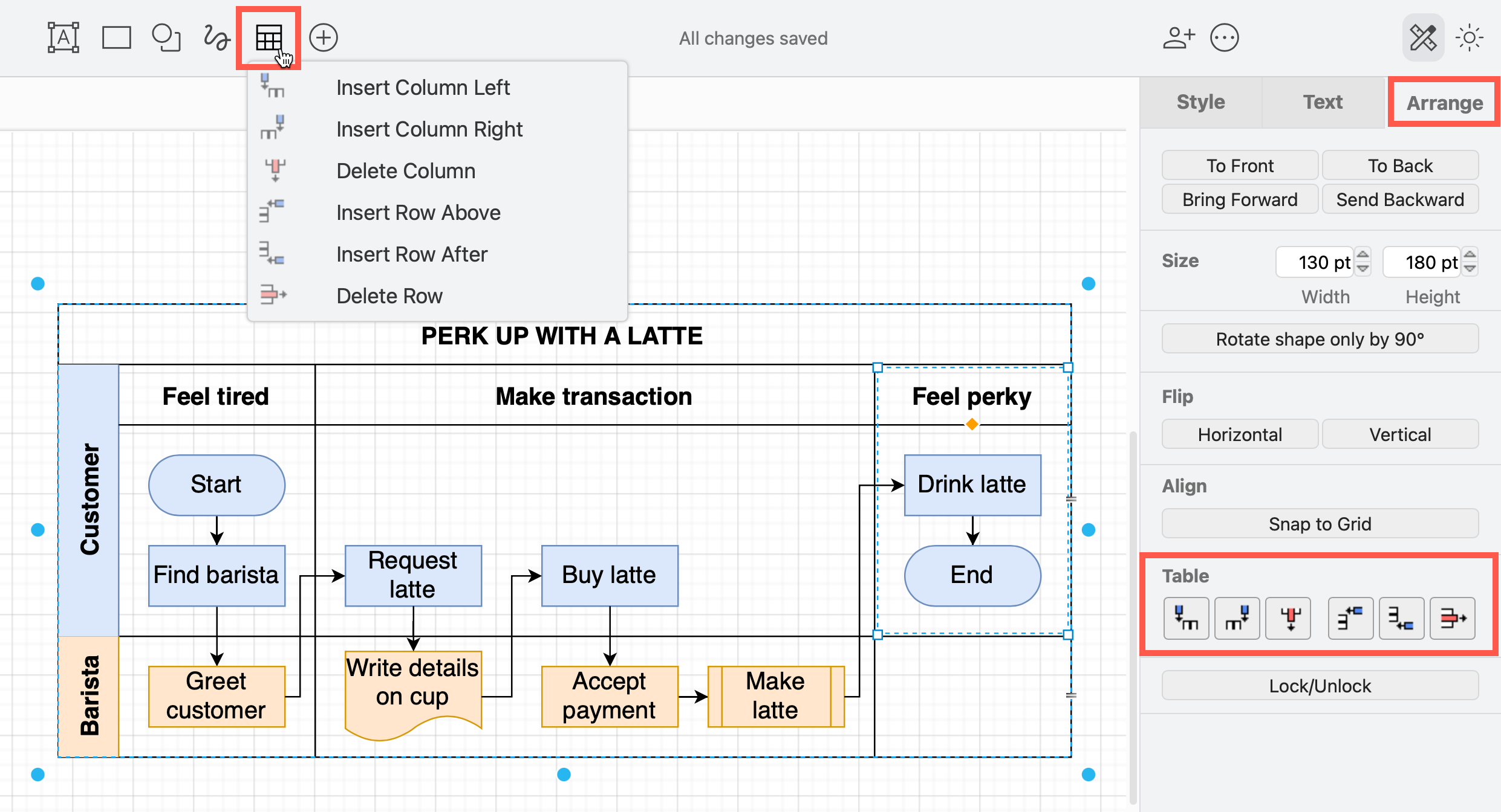 Insert a table with container cells via the draw.io toolbar