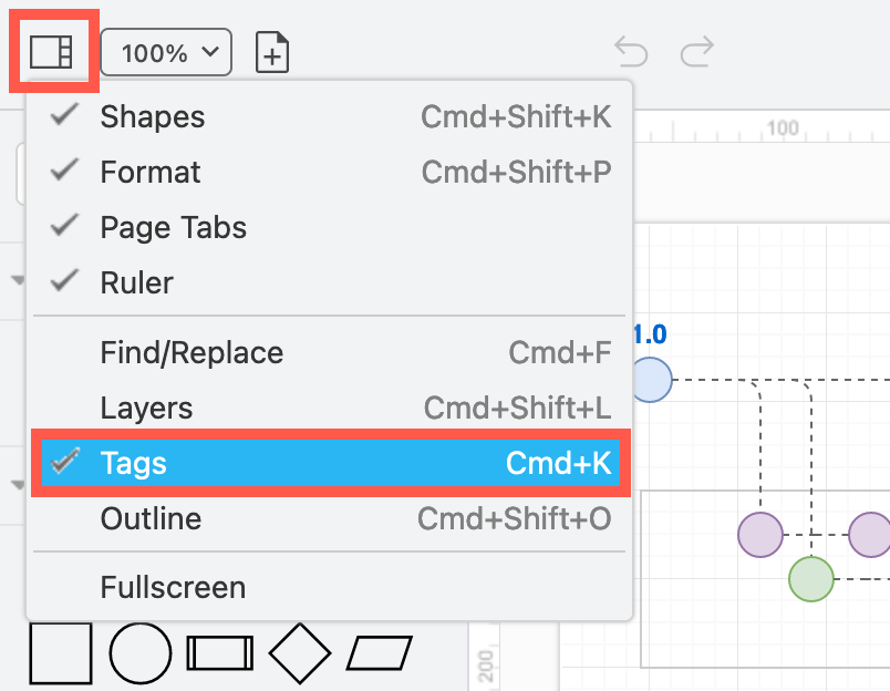 Use the View menu on the toolbar to show the Tags dialog or press Ctrl+K/Cmd+K