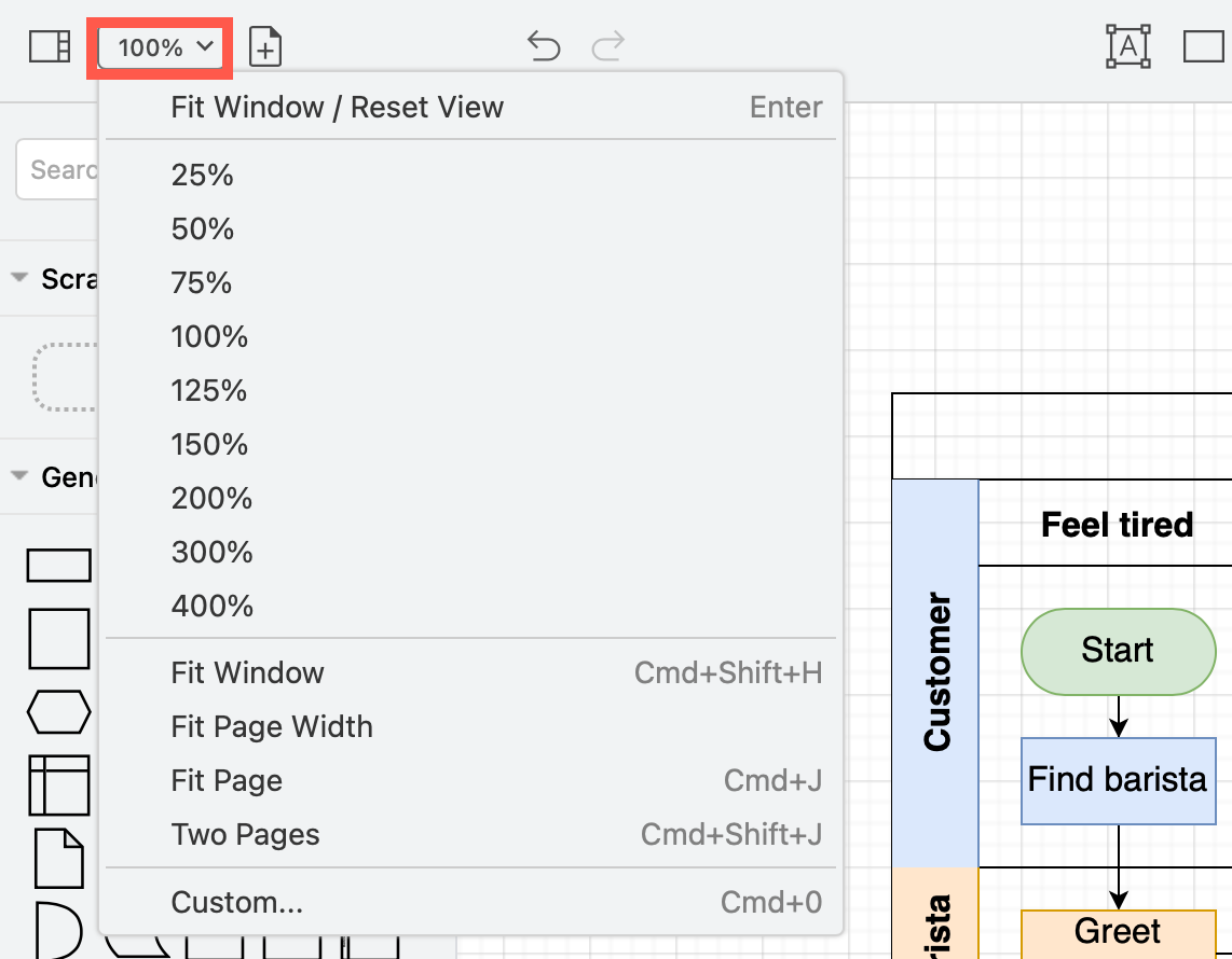 Change the zoom level via the drop down list on the toolbar in simple mode in draw.io