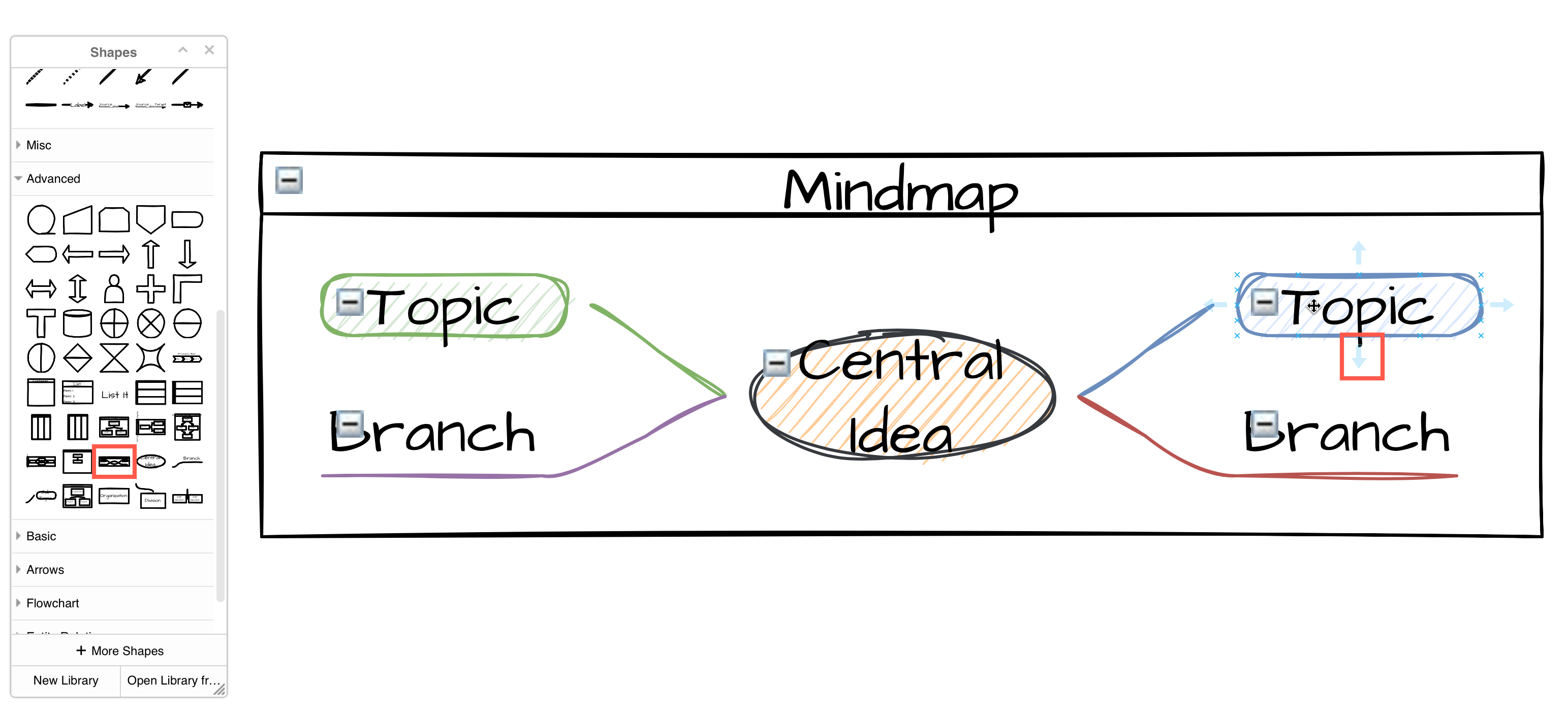 Use the Advanced shapes in the shape library to create an online whiteboard mindmap with draw.io in Confluence