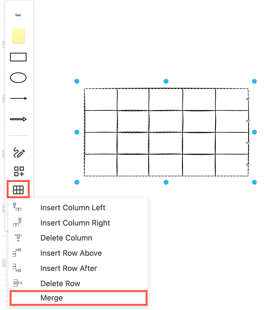Merge table cells in the Sketch whiteboard-like editor theme in draw.io