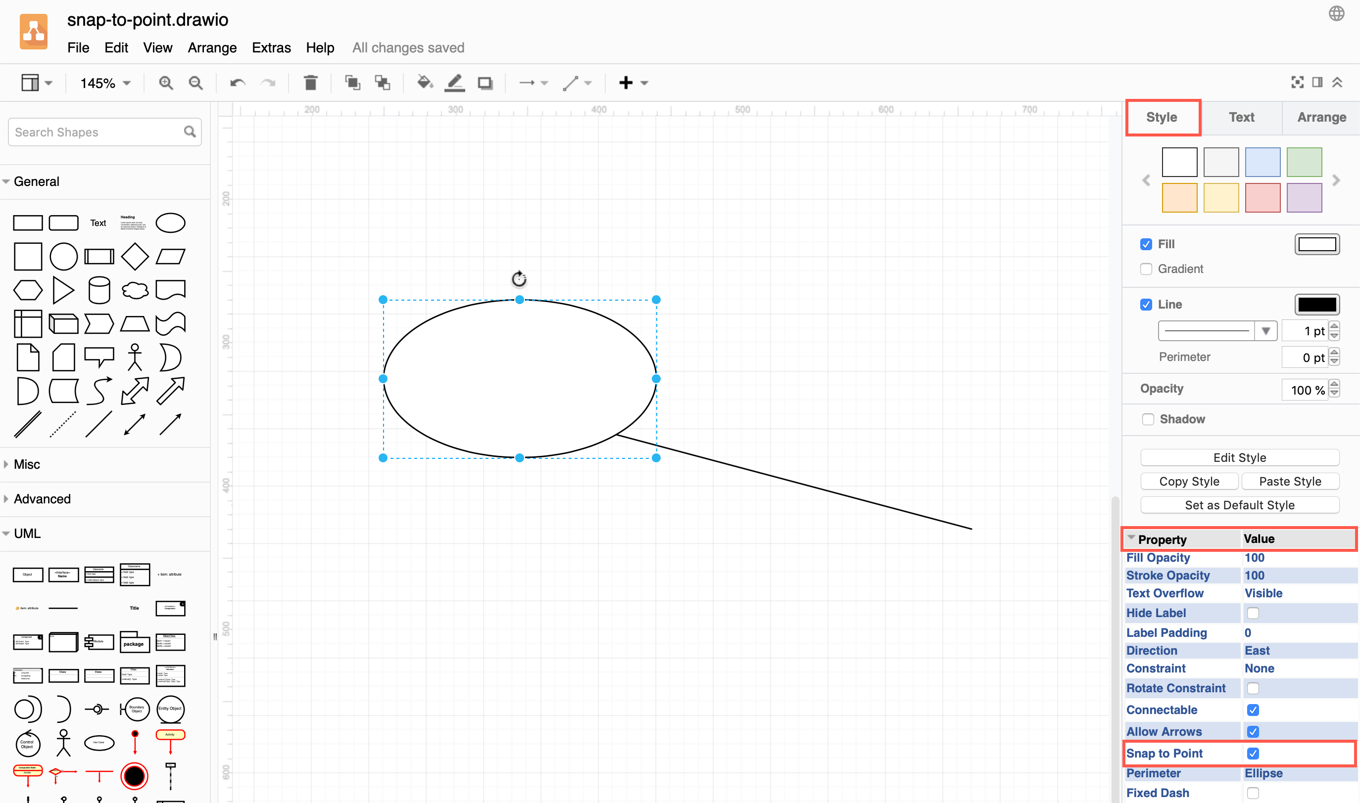 Enable the Snap to Point property in the Style tab