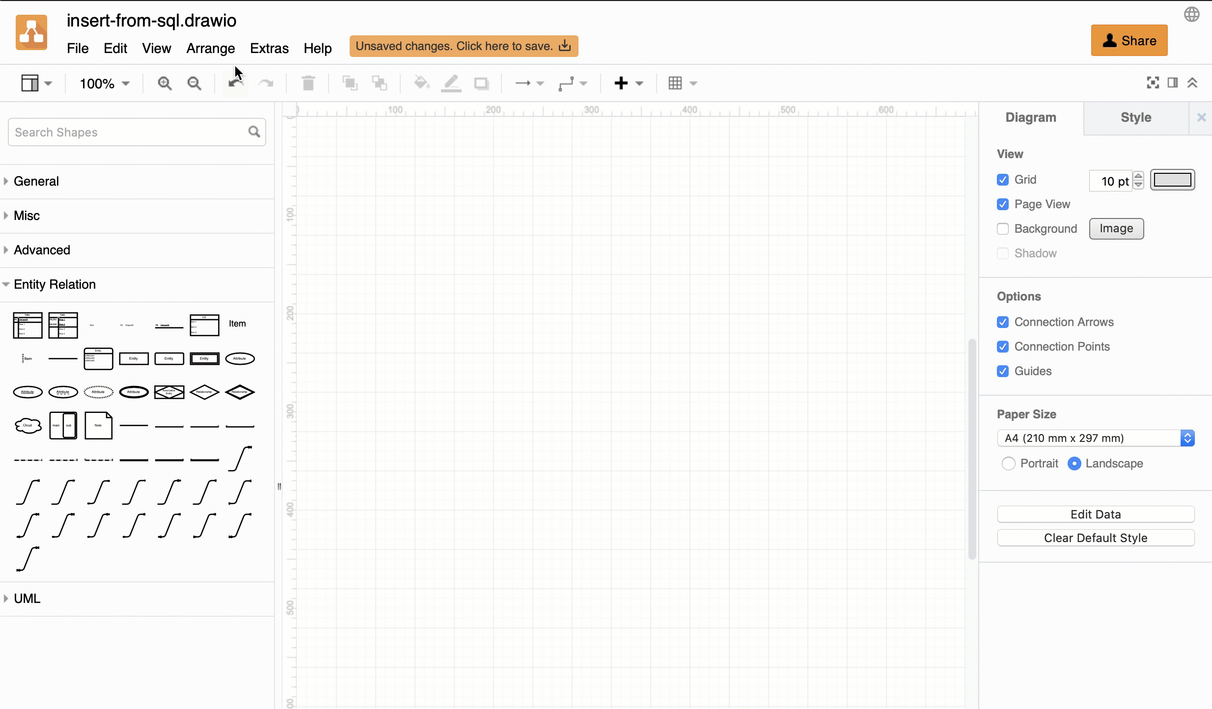 Insert SQL code to create your ER diagram automatically using the SQL plugin at draw.io