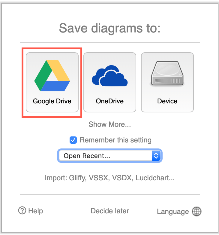 Select Google Drive as the storage location for your diagrams