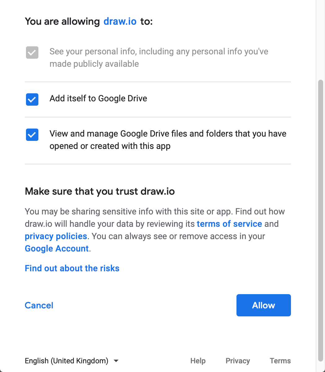 Authorise draw.io and diagrams.net to read and store diagrams in your Google Drive