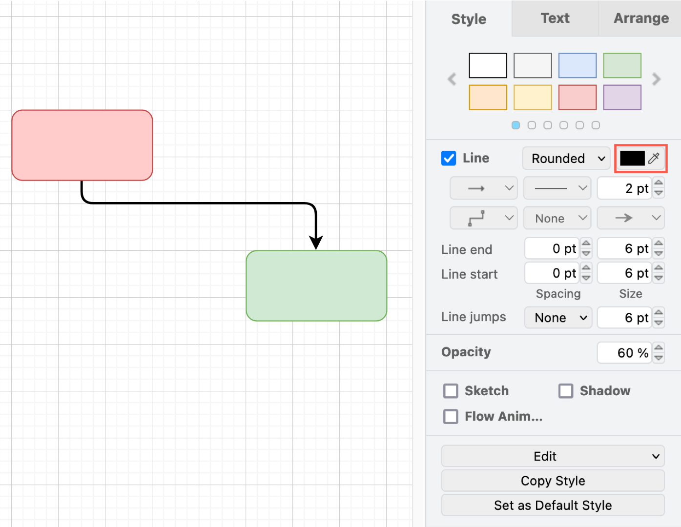 Style your connector using the options in the Style tab in the format panel on the right in draw.io