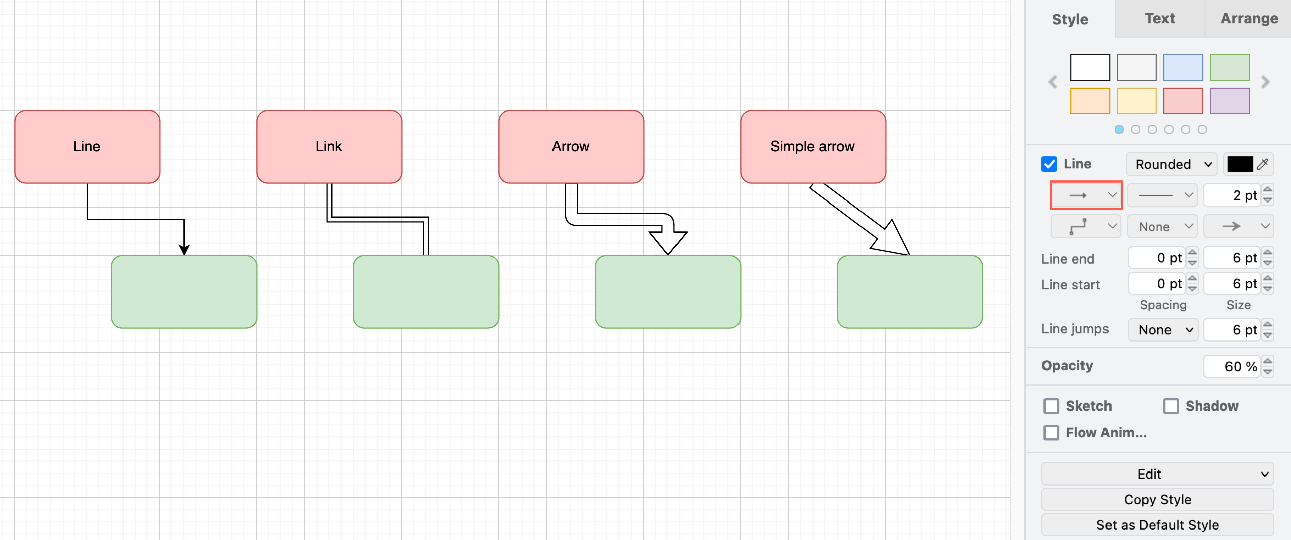 Style your connector using the options in the Style tab in the format panel on the right in draw.io