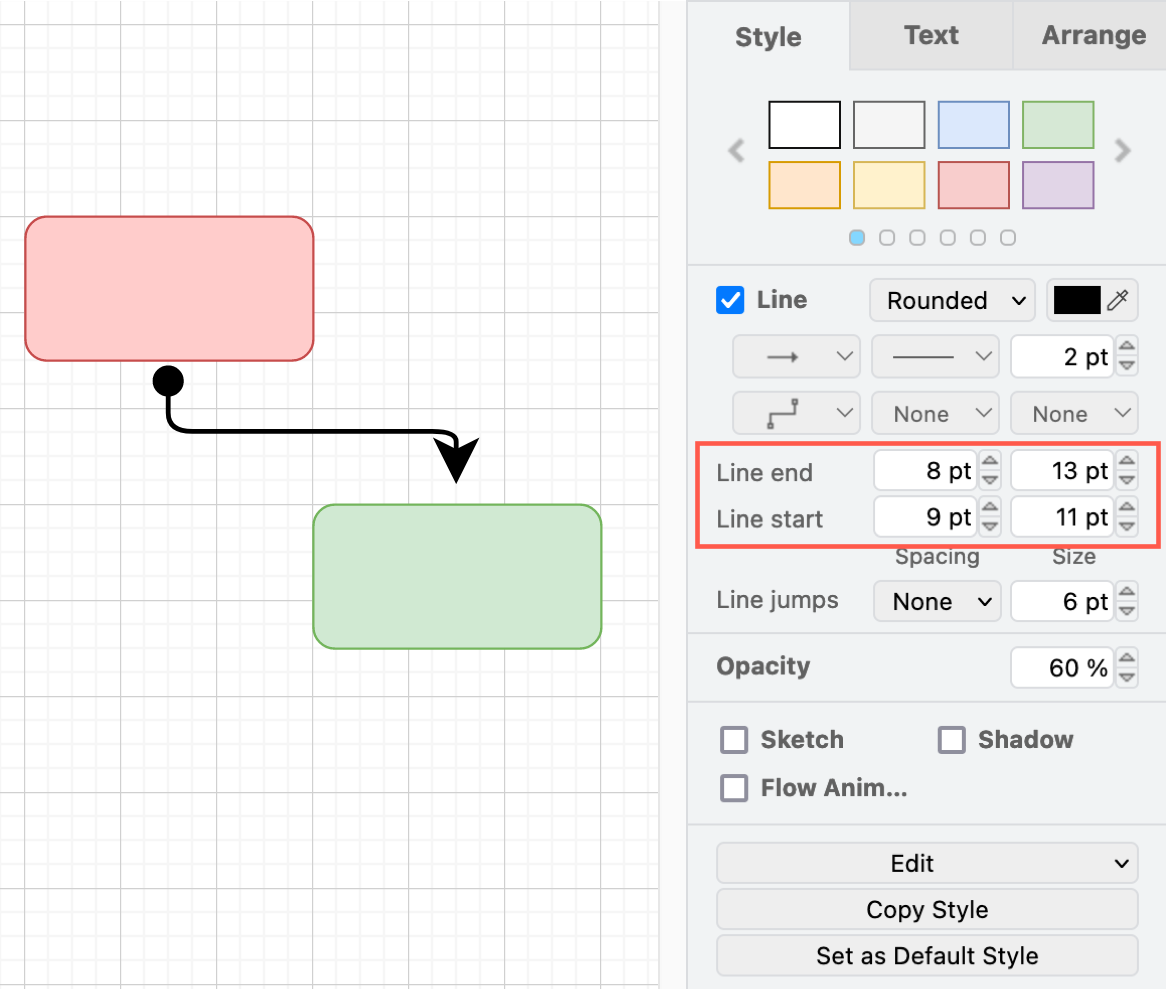 Style your connector using the options in the Style tab in the format panel on the right in draw.io