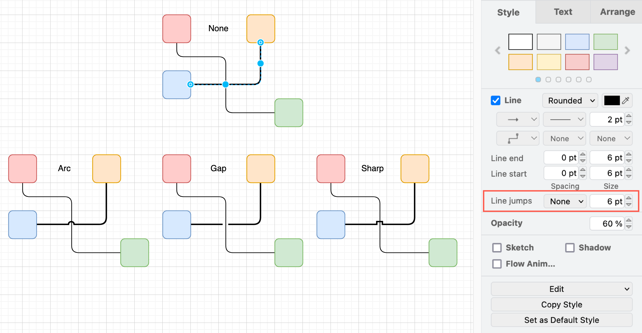 Style your connector using the options in the Style tab in the format panel on the right in draw.io