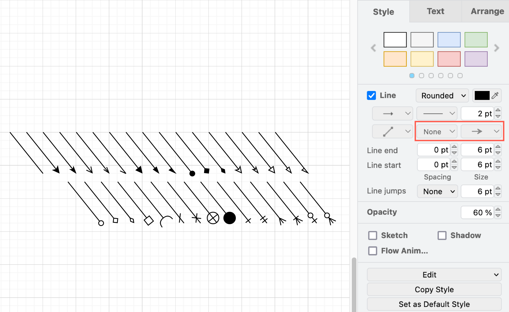 Style your connector using the options in the Style tab in the format panel on the right in draw.io