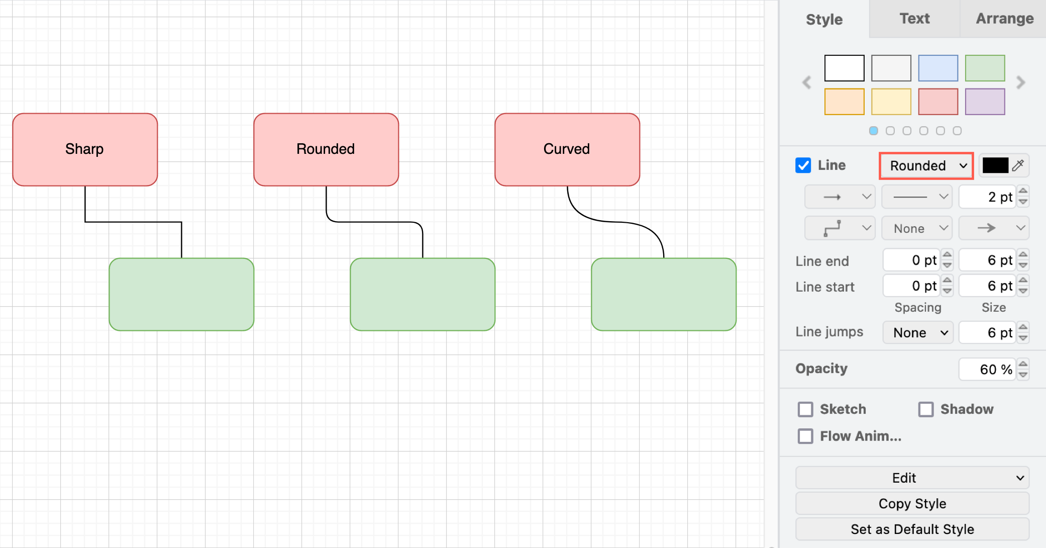 Style your connector using the options in the Style tab in the format panel on the right in draw.io