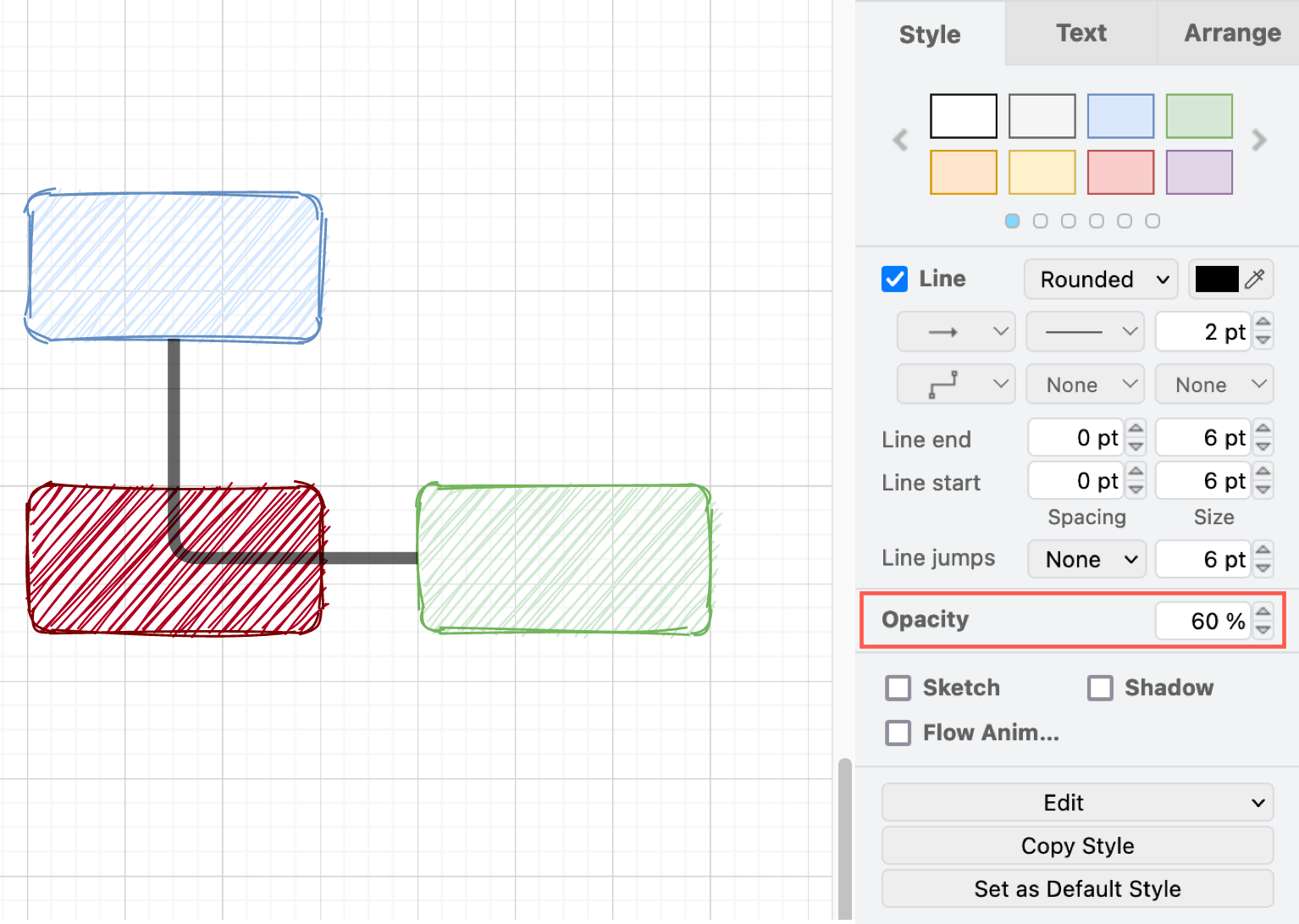 Style your connector using the options in the Style tab in the format panel on the right in draw.io