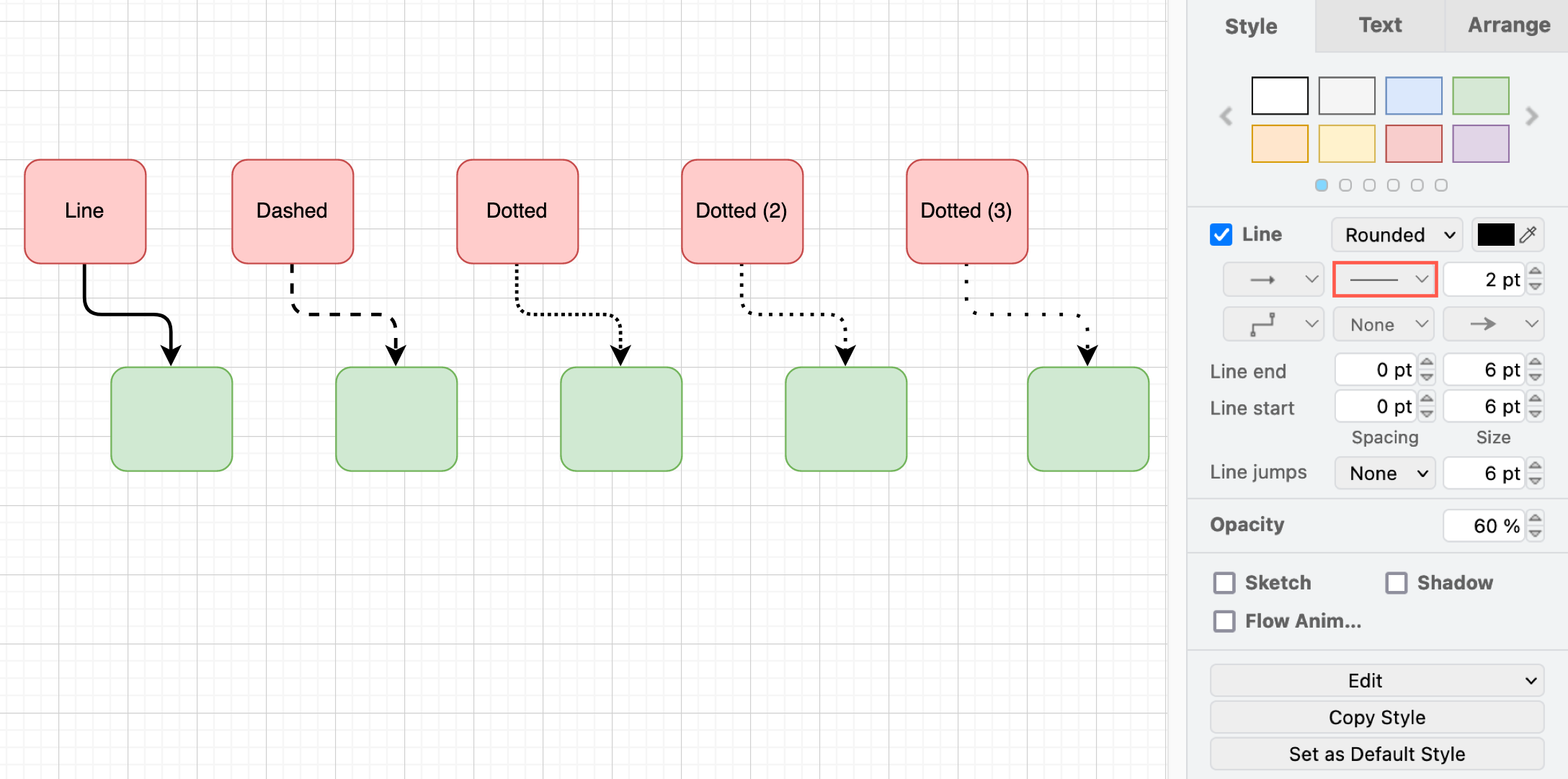 Style your connector using the options in the Style tab in the format panel on the right in draw.io