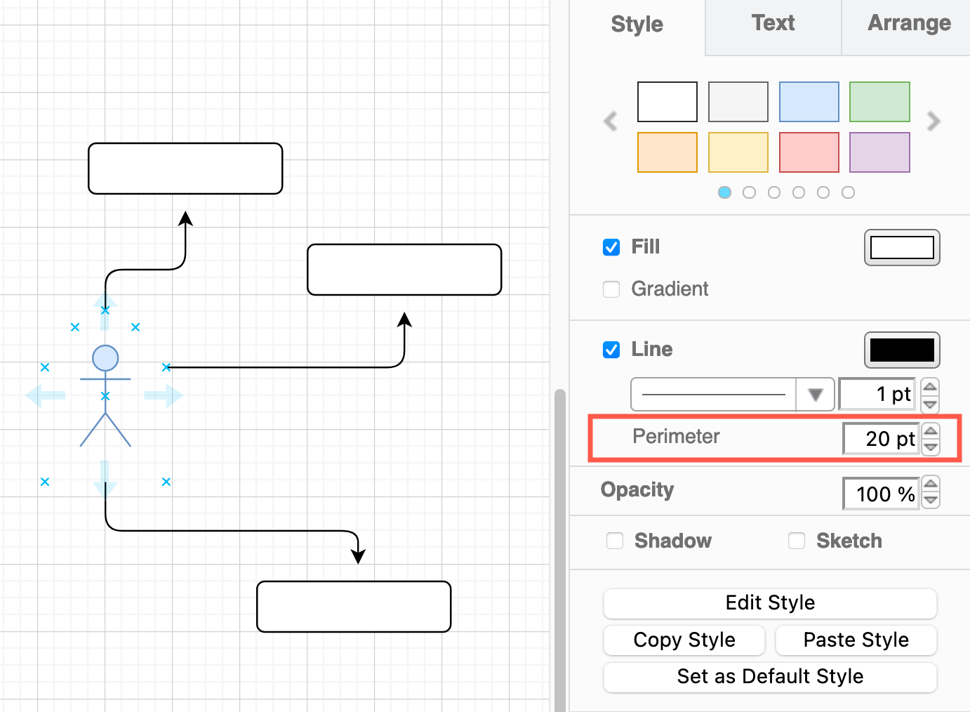 Increase the Perimeter in the Style tab to move connection points and the floating border to which connectors attach away from the shape