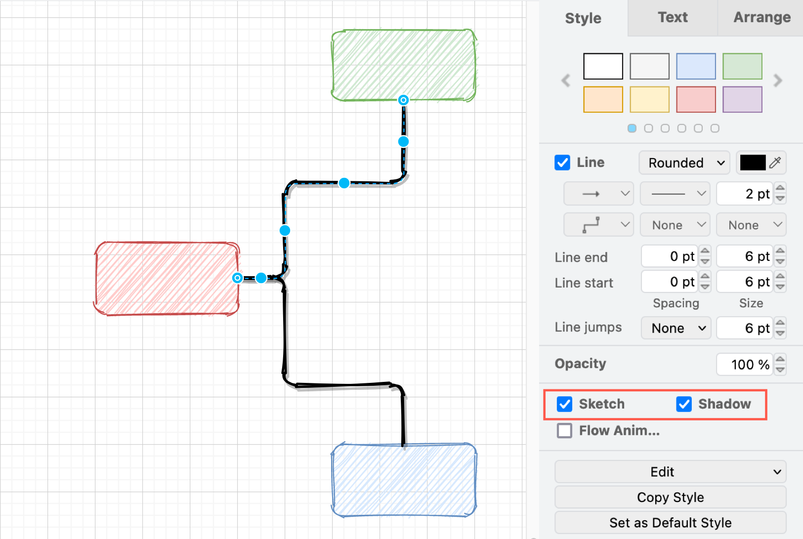 Style your connector using the options in the Style tab in the format panel on the right in draw.io