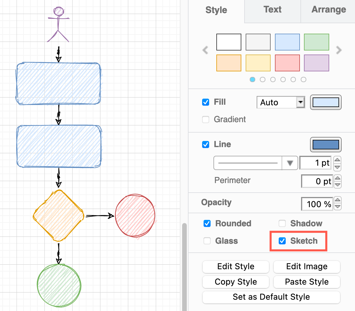 Click the Sketch checkbox to make the selected shapes and connectors appear roughly hand drawn