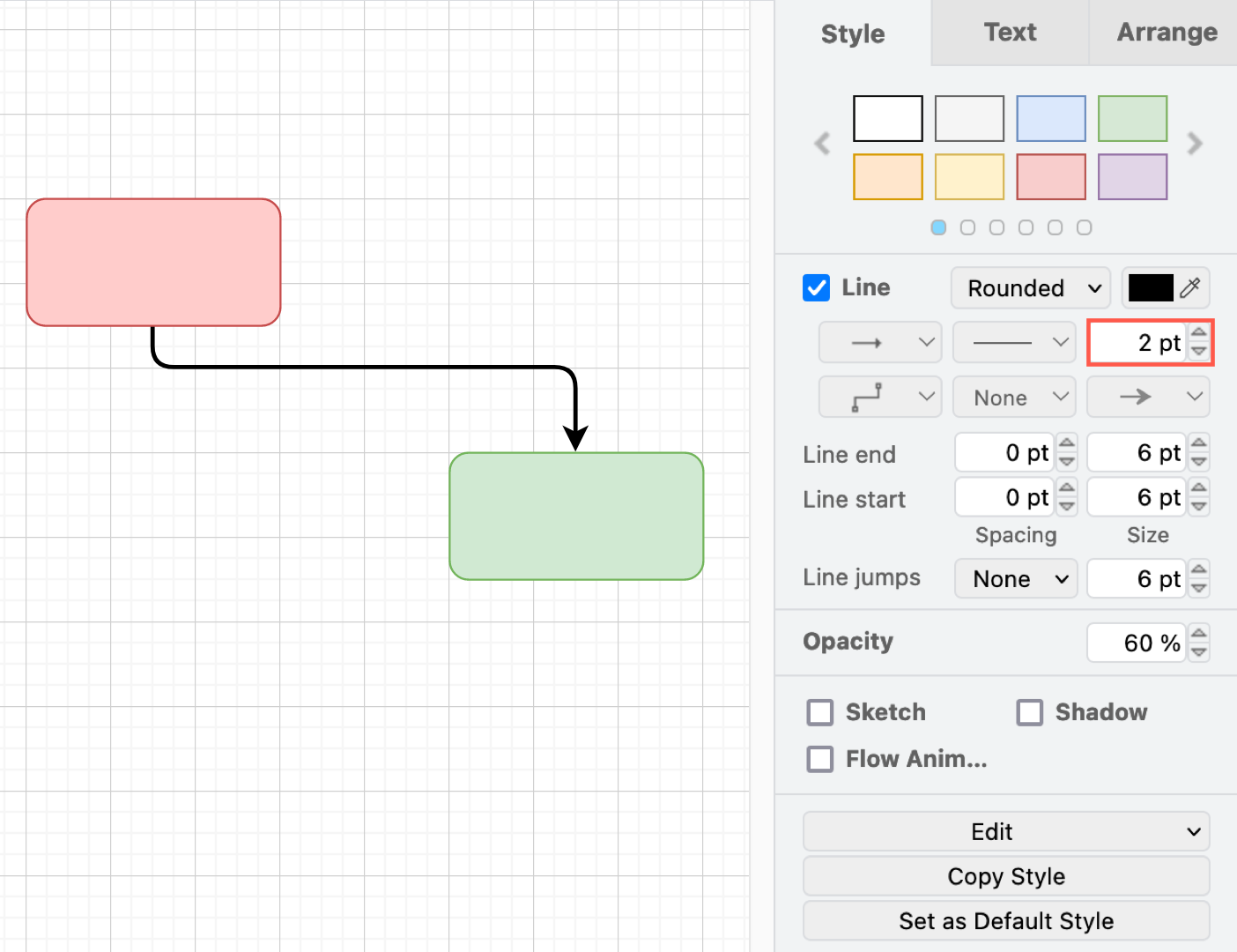 Style your connector using the options in the Style tab in the format panel on the right in draw.io