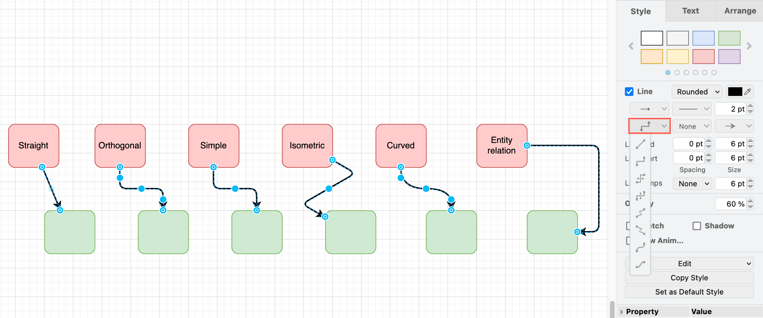 Style your connector using the options in the Style tab in the format panel on the right in draw.io