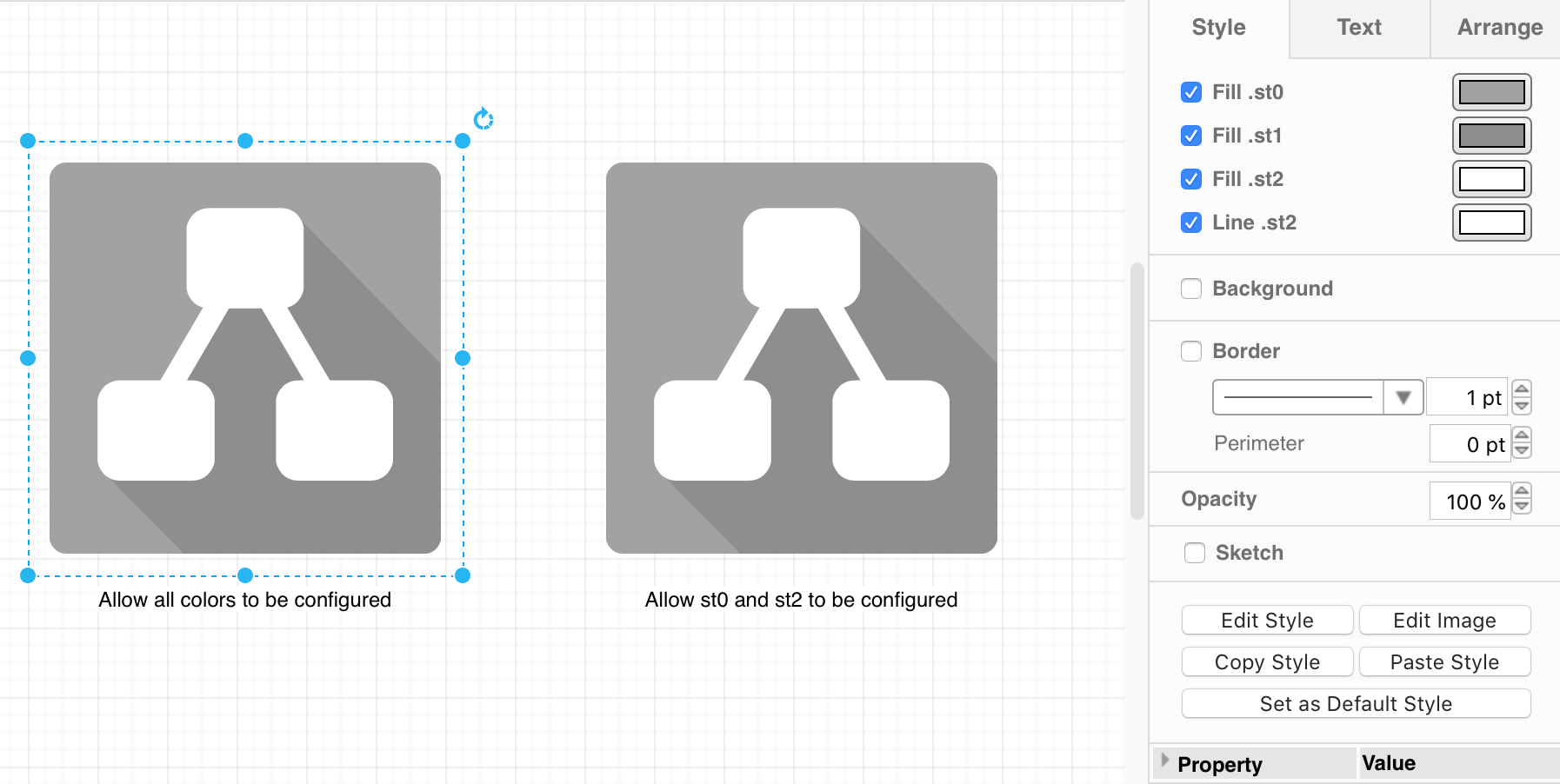 Edit the fill and line colours of the embedded SVG in the format panel