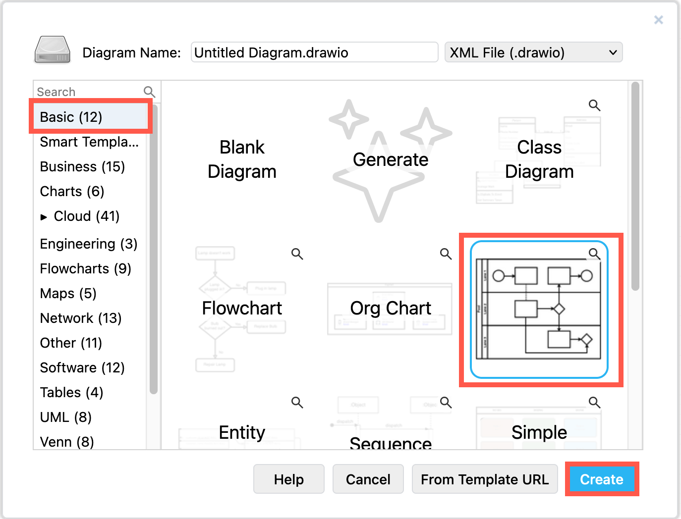 Select the basic swimlane diagram template to work with it in draw.io