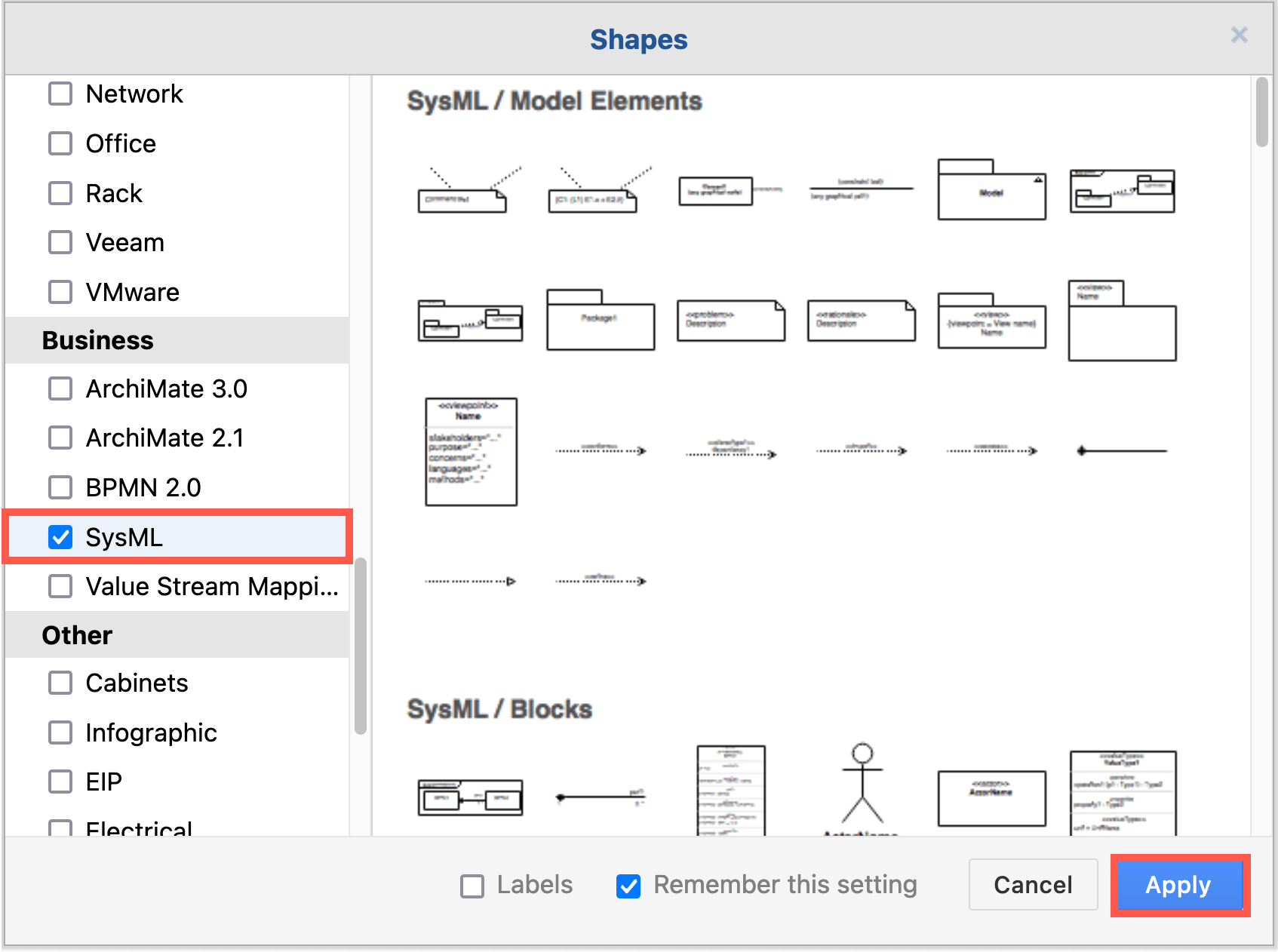 Enable the SysML shape library