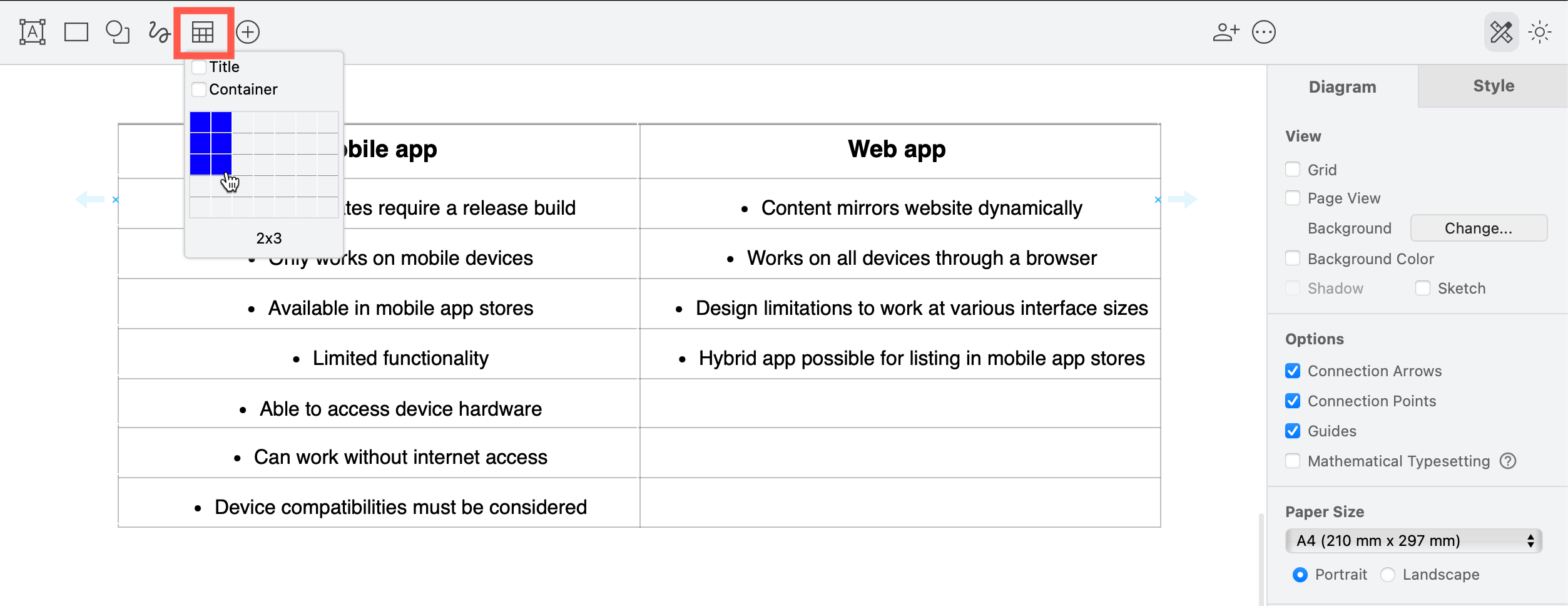 Build a t-chart diagram quickly in draw.io using a simple table shape