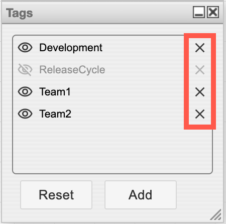 With nothing selected in your diagram, click on the cross next to the tag name you want to delete in the Tags dialog