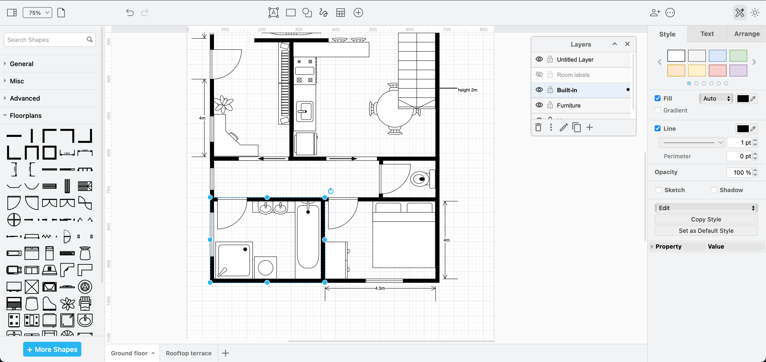 A ground floor apartment floorplan created in draw.io