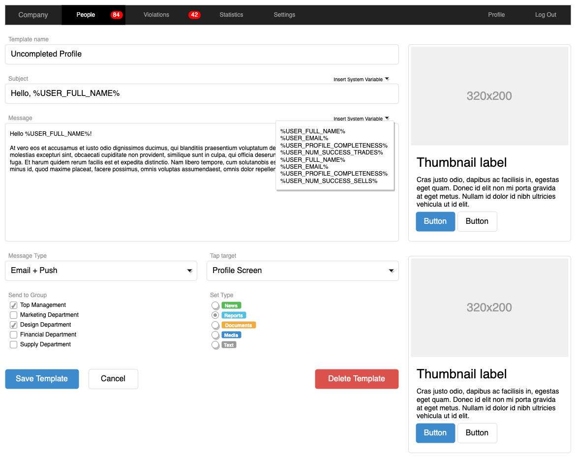 A mockup of an application using a template in draw.io