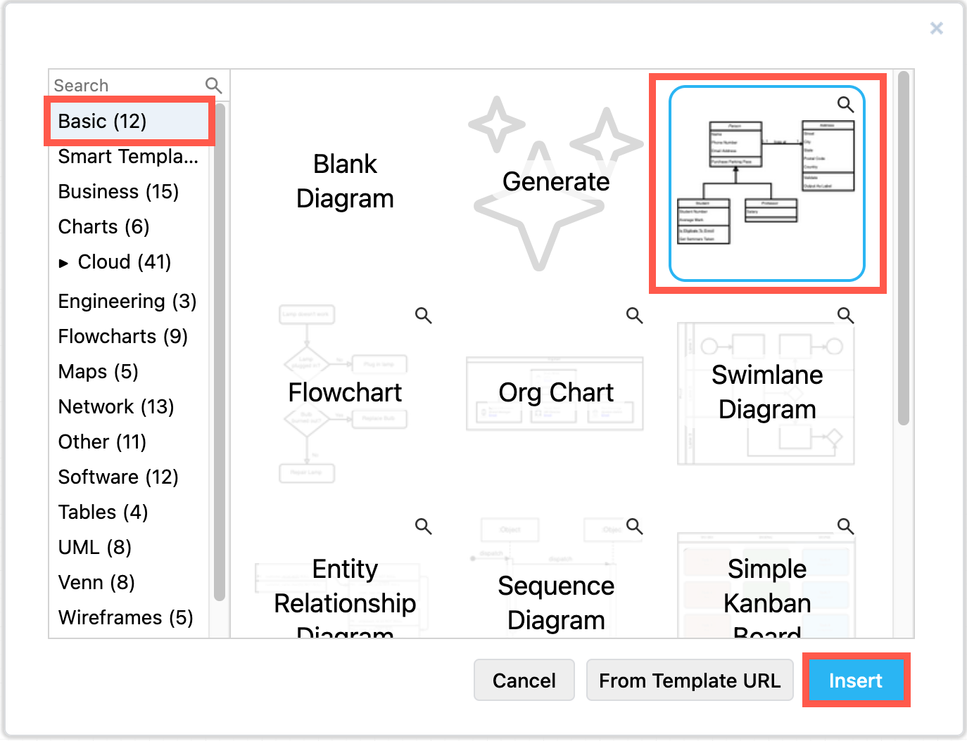 Insert a UML class diagram example from the template manager in draw.io