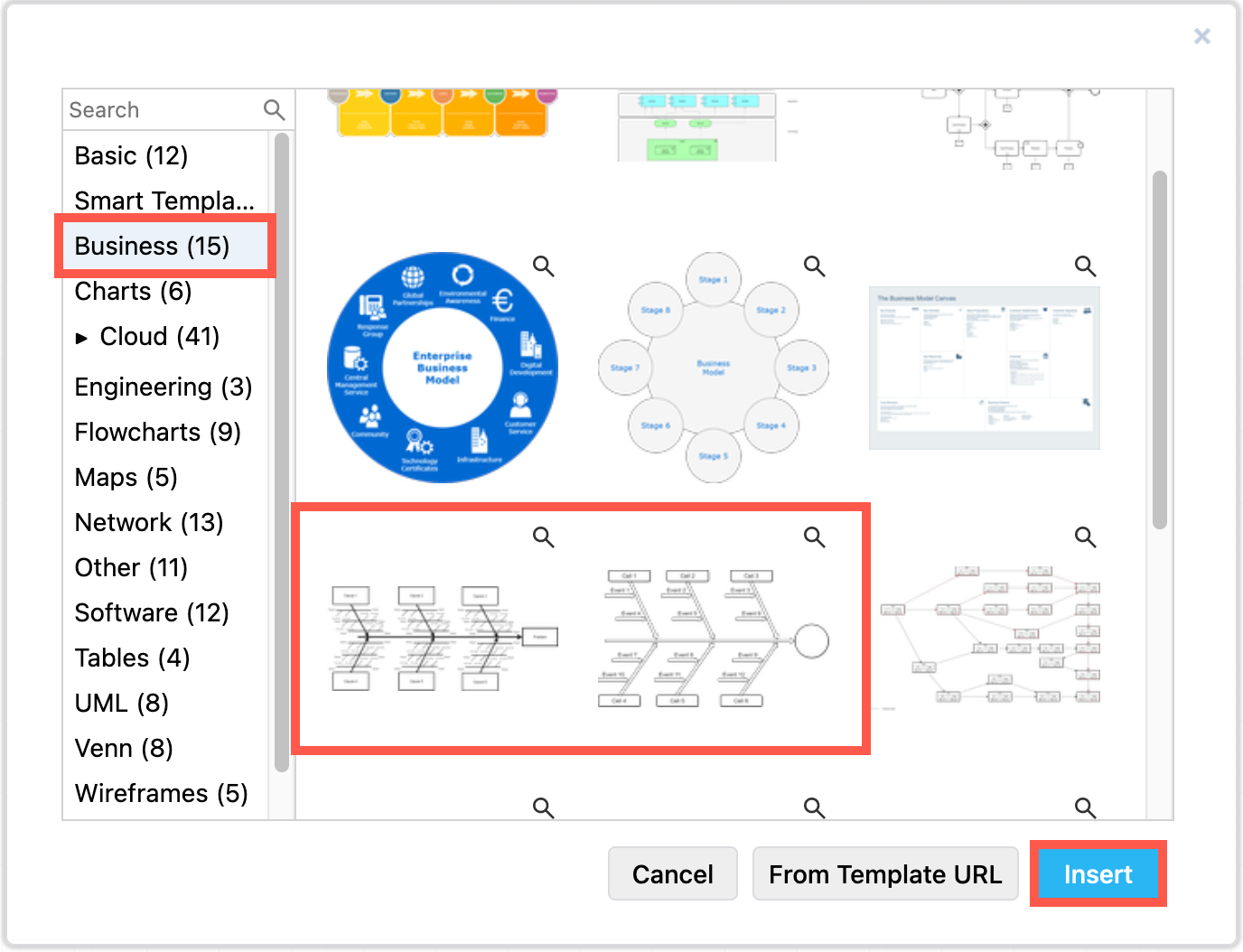 Add an Ishikawa diagram template to the drawing canvas in draw.io