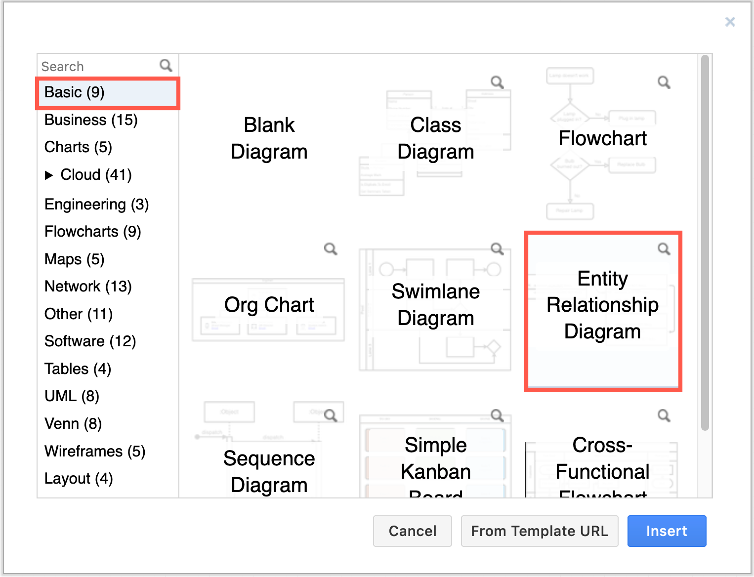 Select the basic Entity Relationship Diagram template in the draw.io template manager