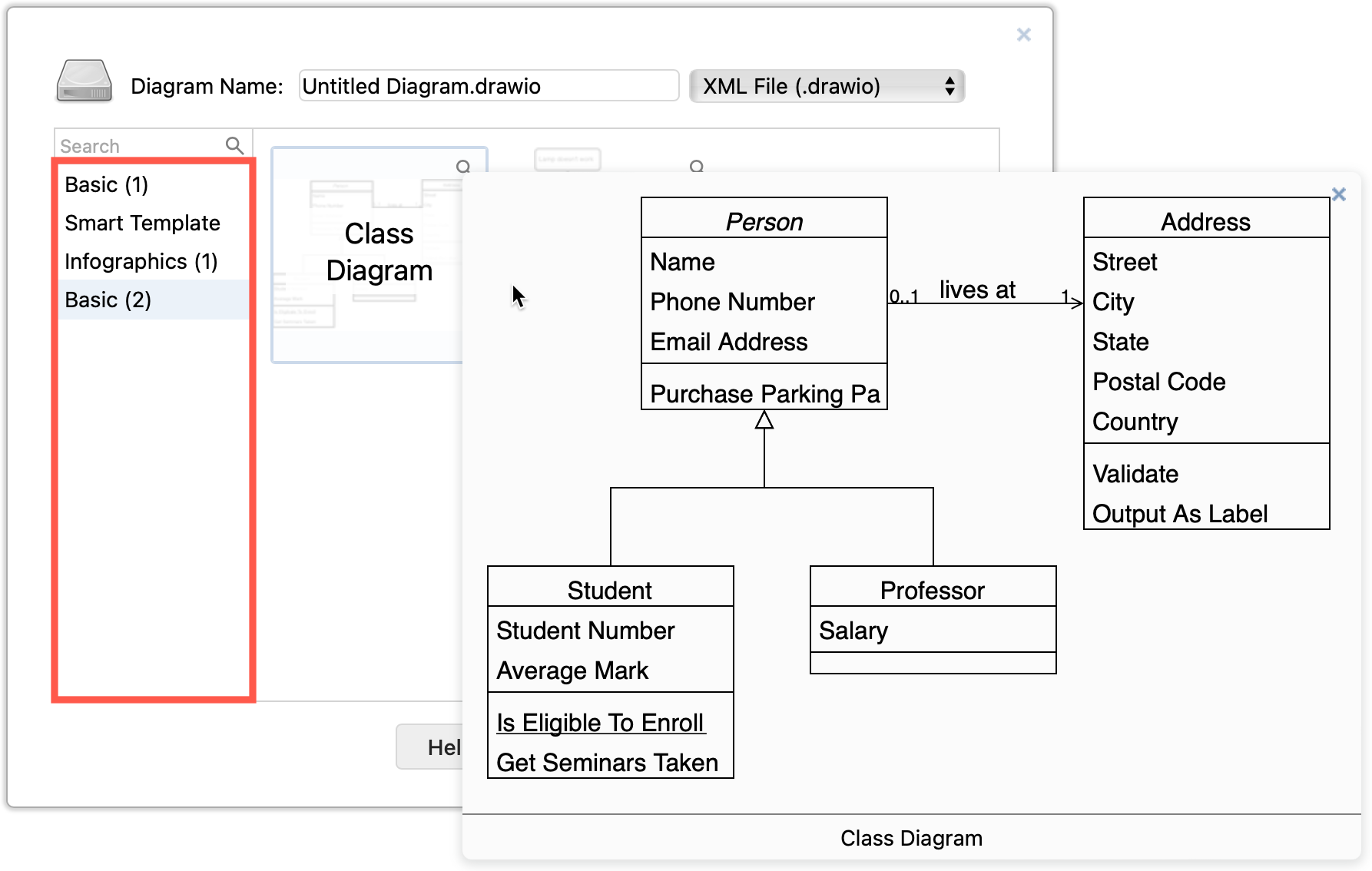 You can configure draw.io to use a custom template library with your own diagram templates and custom shape libraries