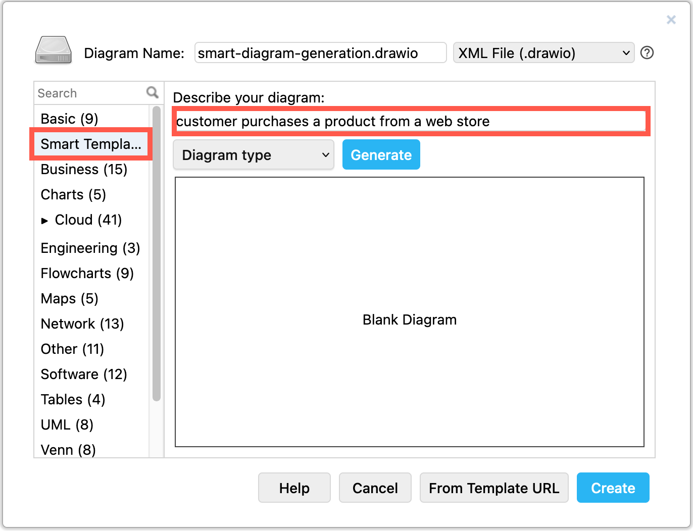Generate a diagram from a text description via the template library dialog, or when you create a new diagram at draw.io