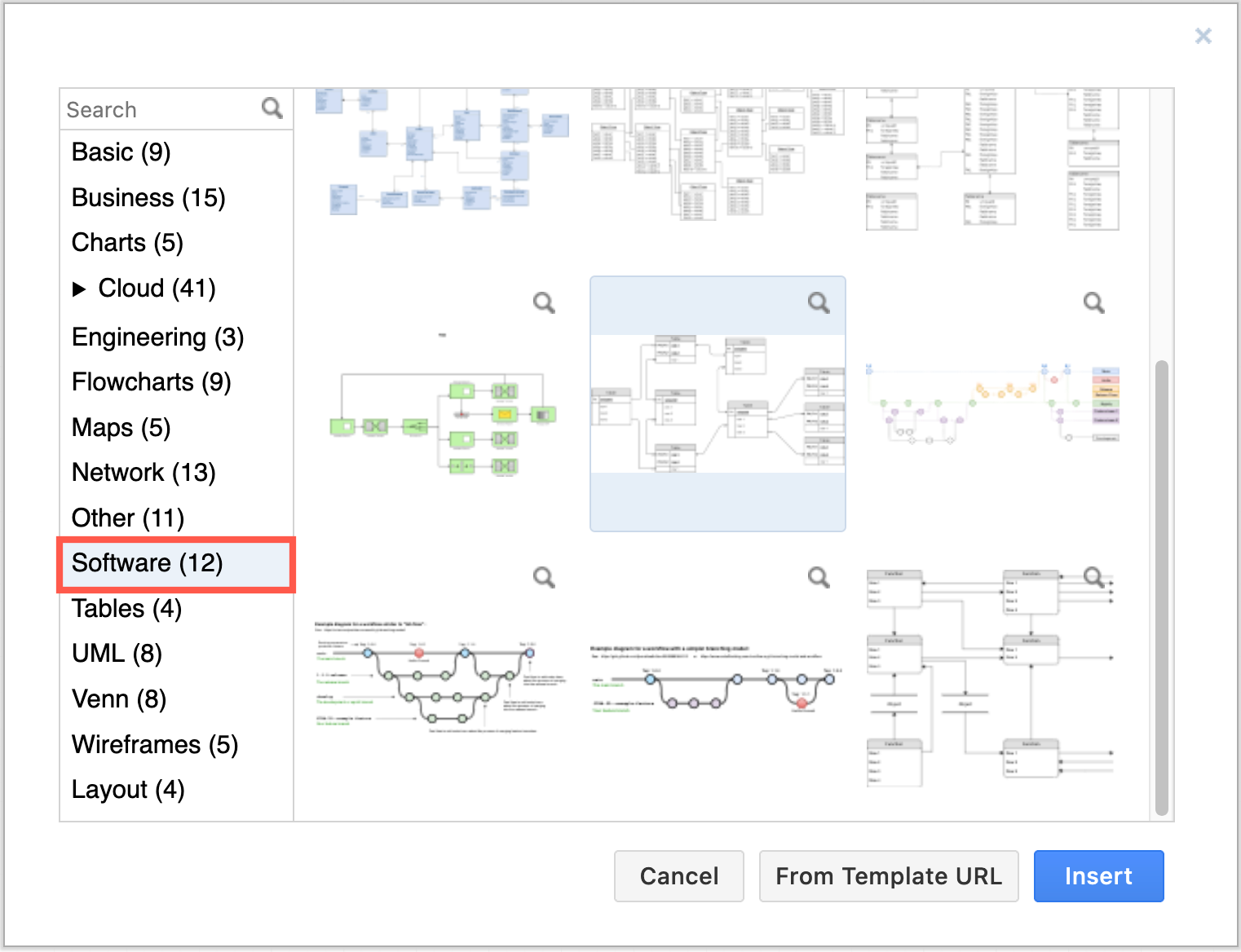 Select one of the many more complex entity relationship diagrams in the Software section of thedraw.io template manager