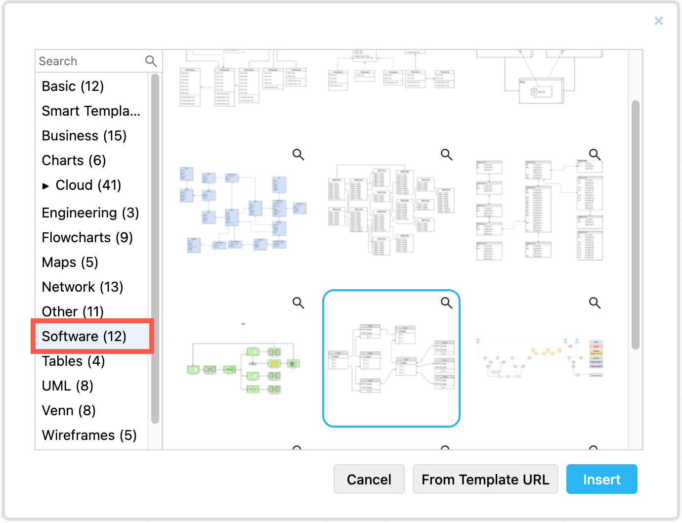 Select one of the many more complex entity relationship diagrams in the Software section of thedraw.io template manager