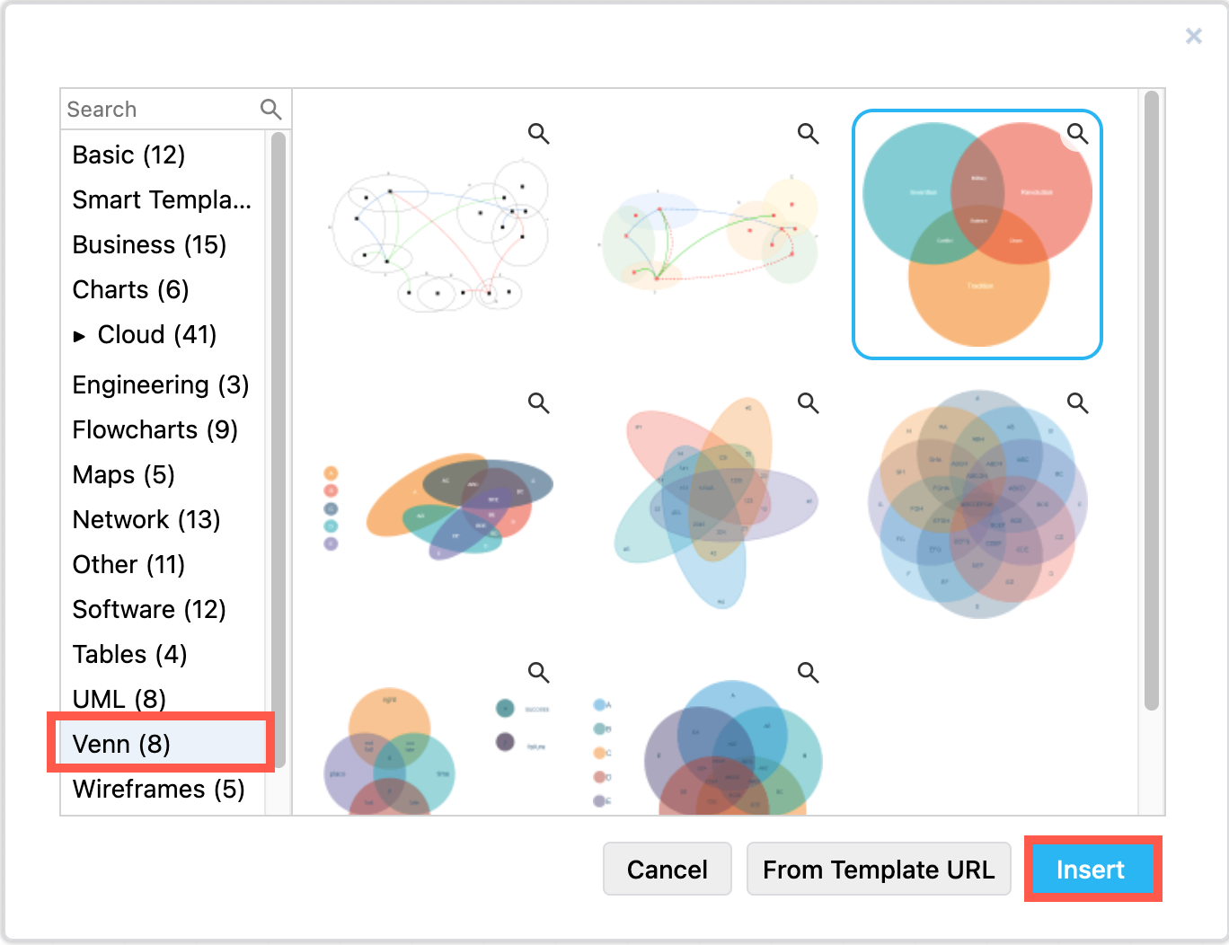 draw.io has many Venn diagram templates with various numbers of sets