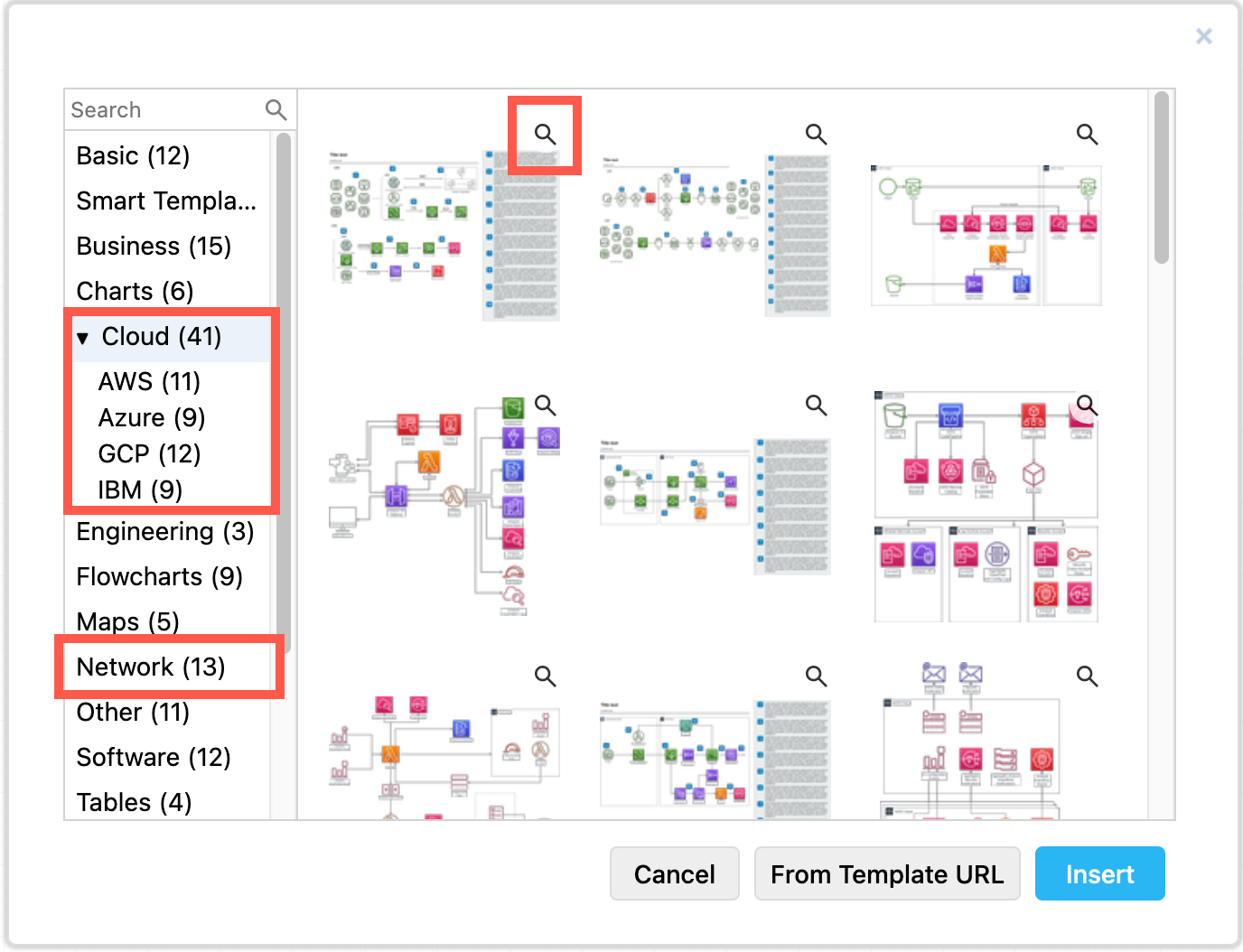 Network diagrams in the templates at draw.io