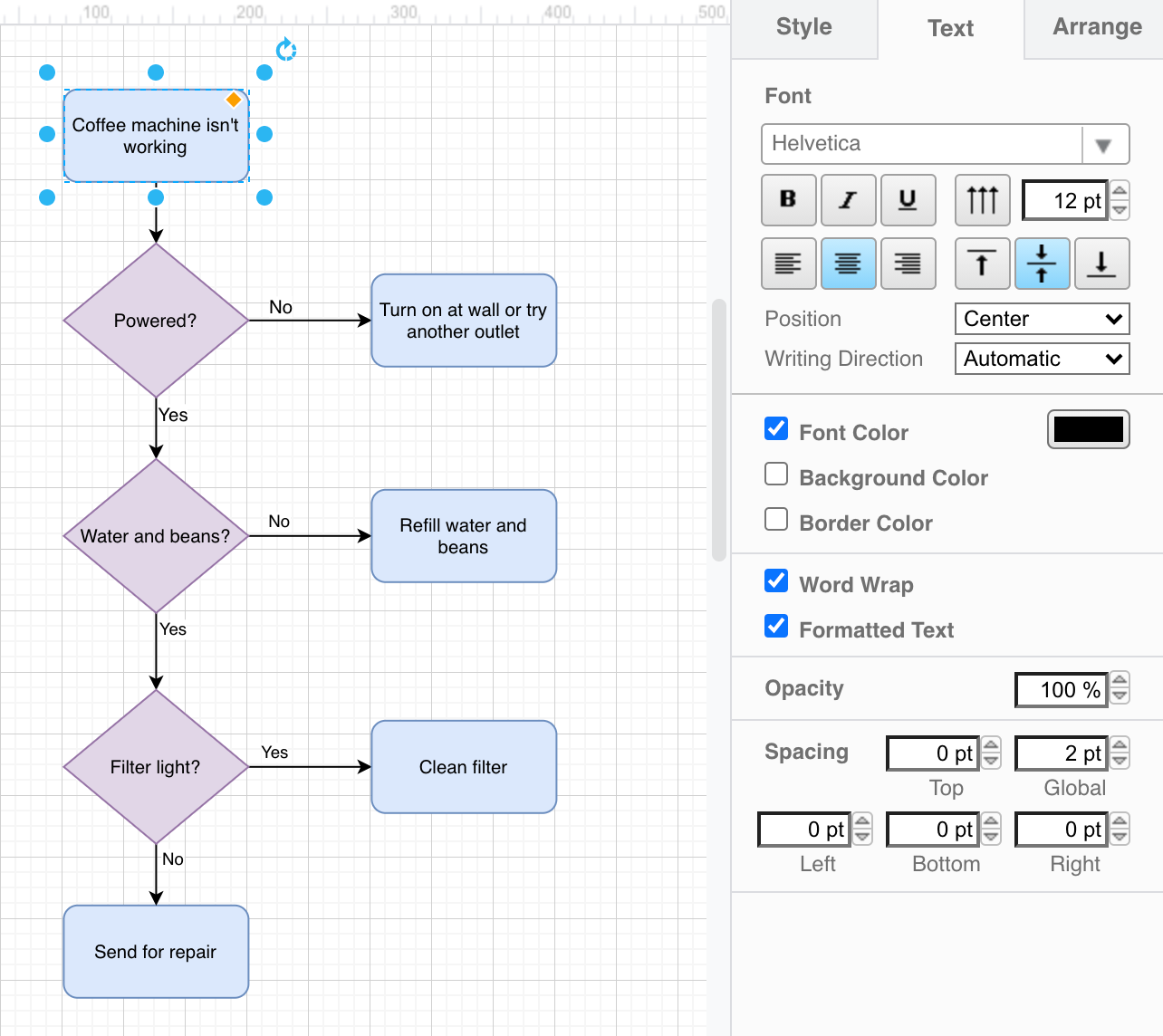 Select a shape, then select the Text tab in the format panel to change its style