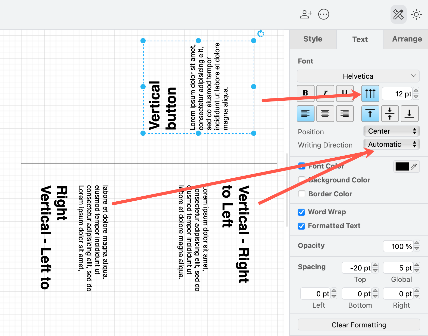 Comparison of using the Vertical button and the vertical Writing Direction settings on English text in a draw.io diagram