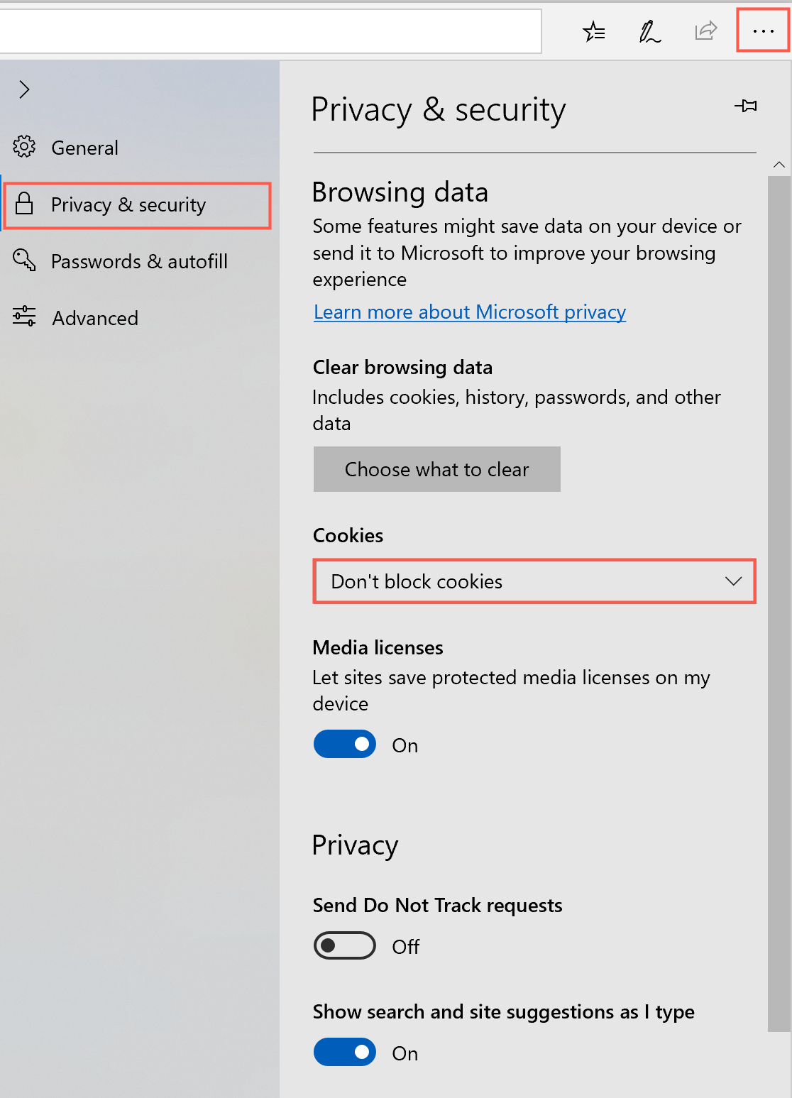 Ensure third party cookies are not blocked in Microsoft Edge