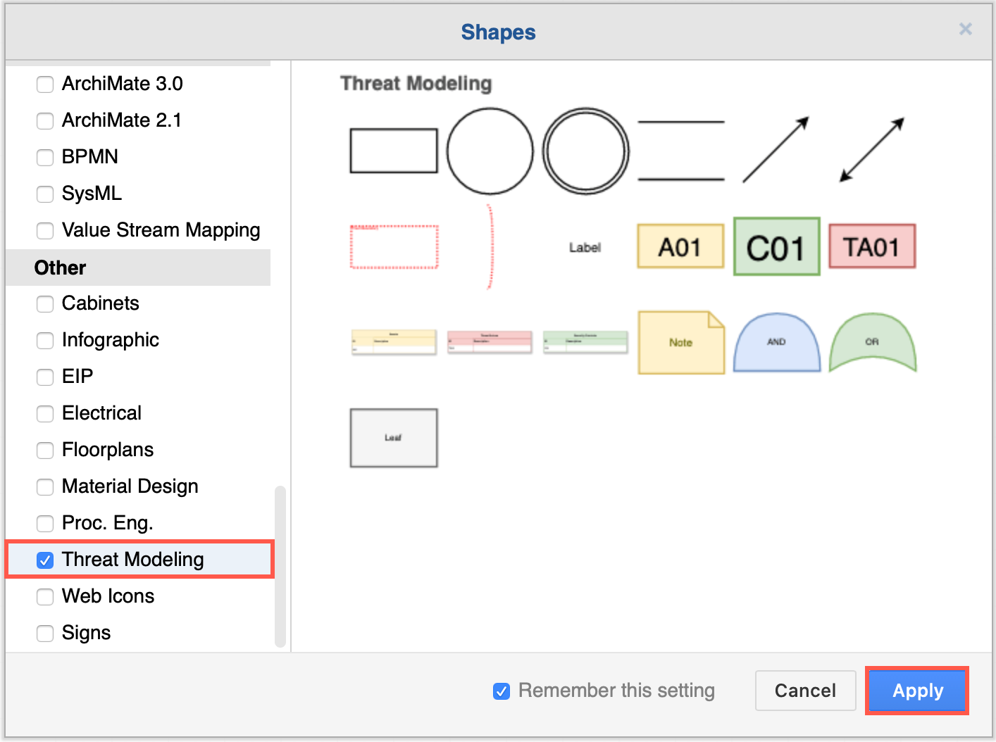 Enable the Threat Modeling shape library in draw.io