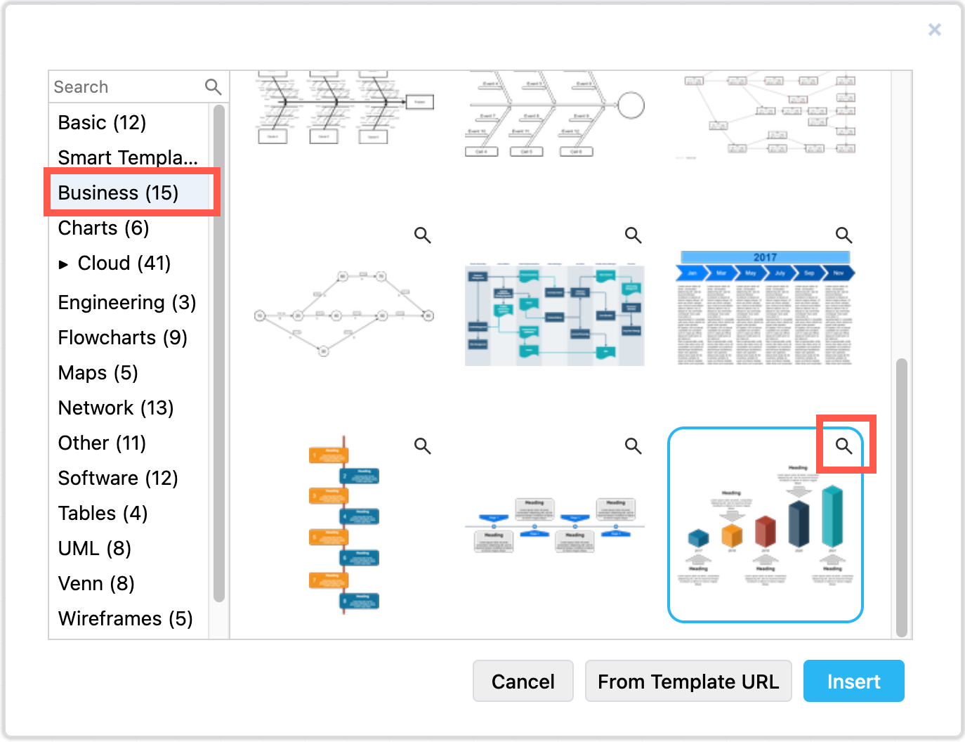 draw.io provides you with a variety of timeline templates in the Business category - click on the magnifying glass on any template to see a larger preview