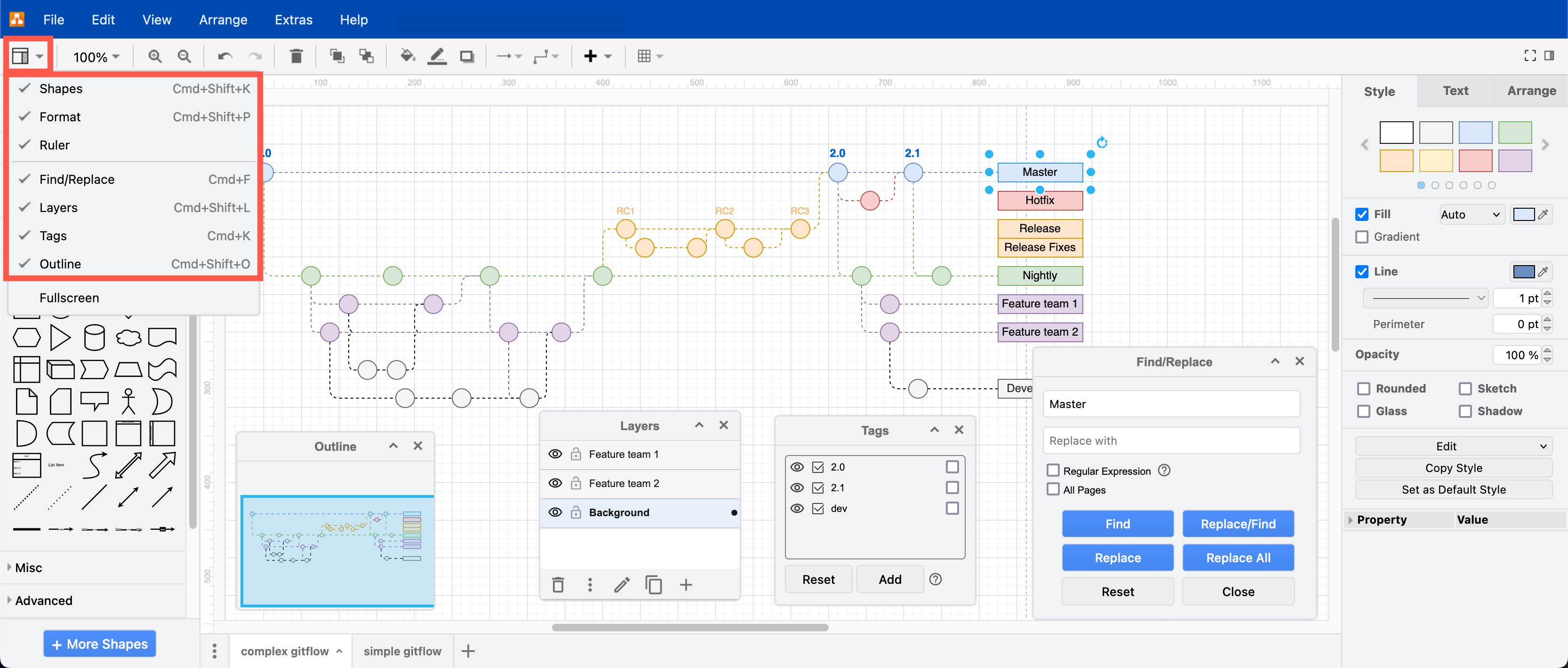 Use the View tool in the toolbar to display or hide tool dialogs using the Atlas theme in draw.io